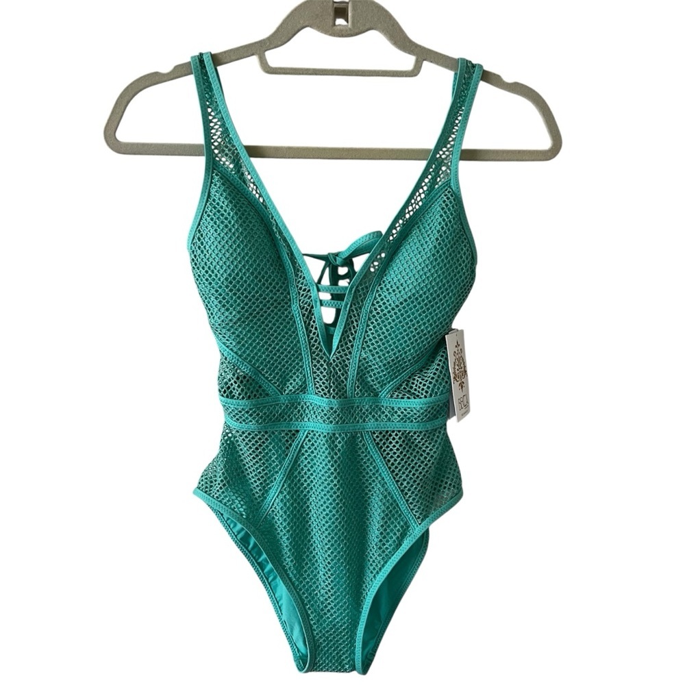 NWT Becca Network Metallic Mesh One Piece Swimsuit Bermuda Teal XS - Picture 6 of 15